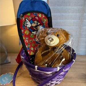 Kids gift-Super Mario sling bag, Easter basket plus brown teddy bear